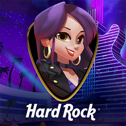 Hard rock adventures character icon with guitarist in front of hard rock hotel
