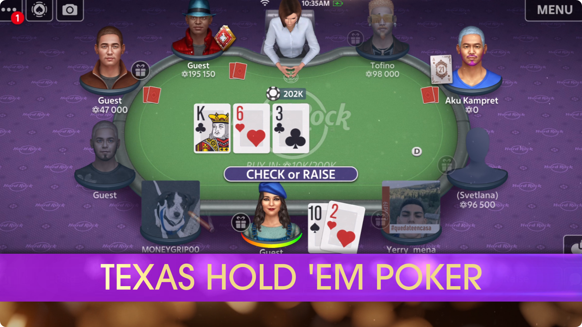 Hard rock texas hold'em poker game table with players and dealer