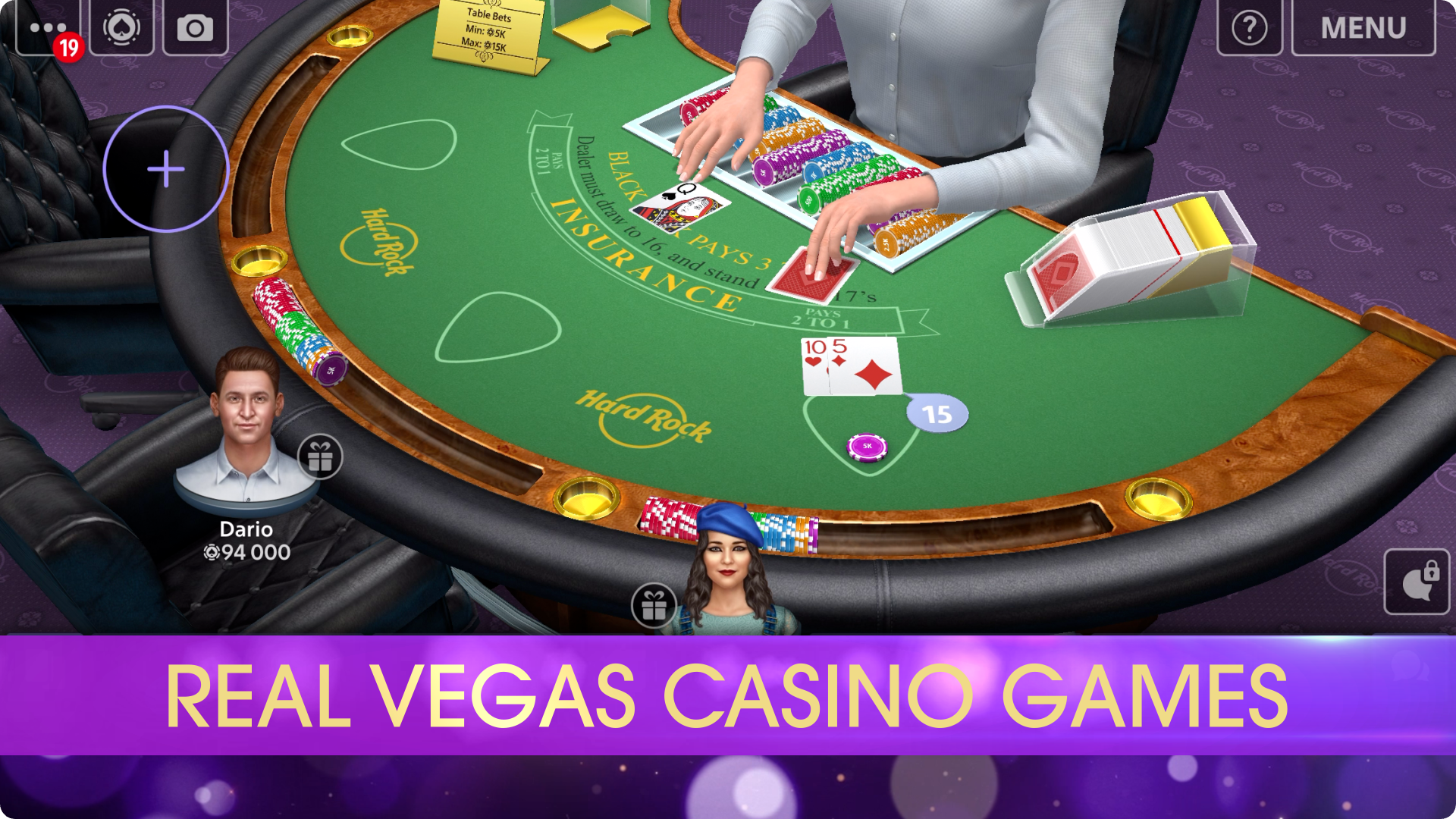 Hard rock blackjack table with dealer and real vegas casino games