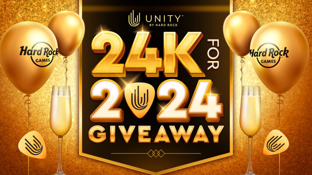 Hard Rock Games 24K for 2024 giveaway with gold balloons and champagne