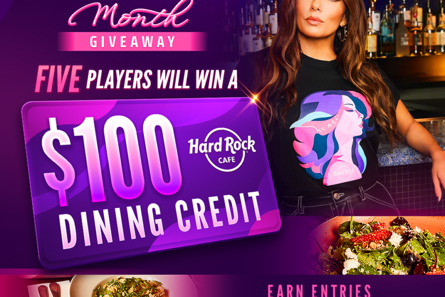 International women's month giveaway at hard rock cafe with eva longoria, offering $100 dining credit.