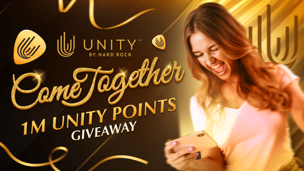 Come Together 1M Unity Points Giveaway promotional banner with an excited woman holding a phone