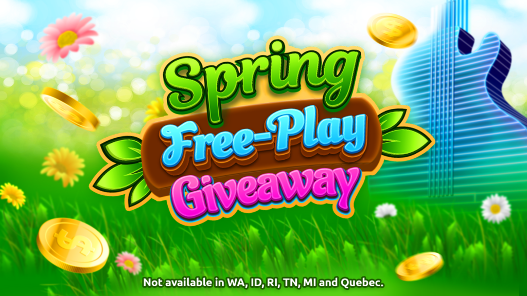 Spring Free-Play Giveaway banner at Hard Rock Games with coins and flowers.