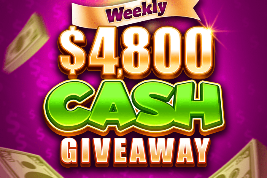 Weekly $4,800 cash giveaway promotional banner with flying dollar bills