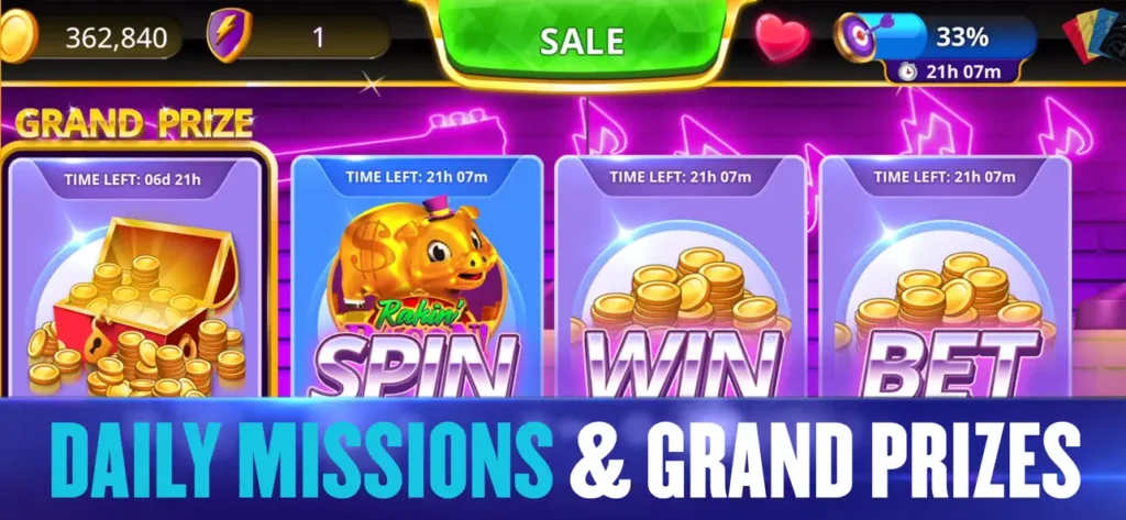 Hard Rock Jackpot Casino App Daily Missions And Grand Prizes Hard rock jackpot casino app screenshot showing daily missions and grand prizes including coin bonuses and spins