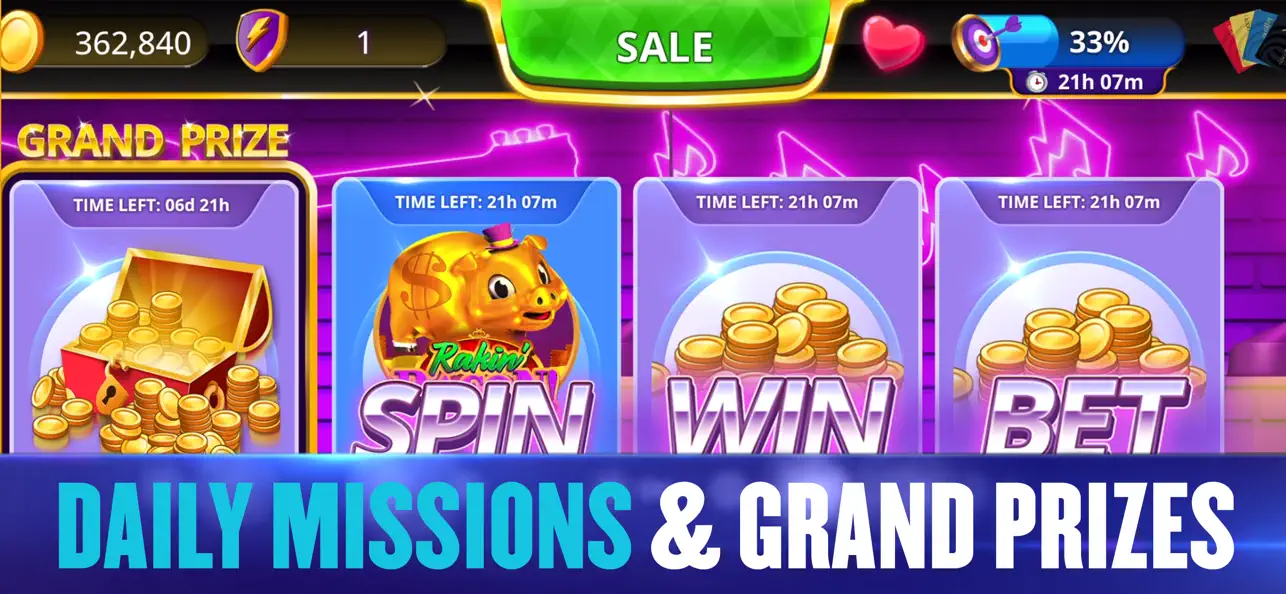 Hard rock jackpot casino app screenshot showing daily missions and grand prizes including coin bonuses and spins