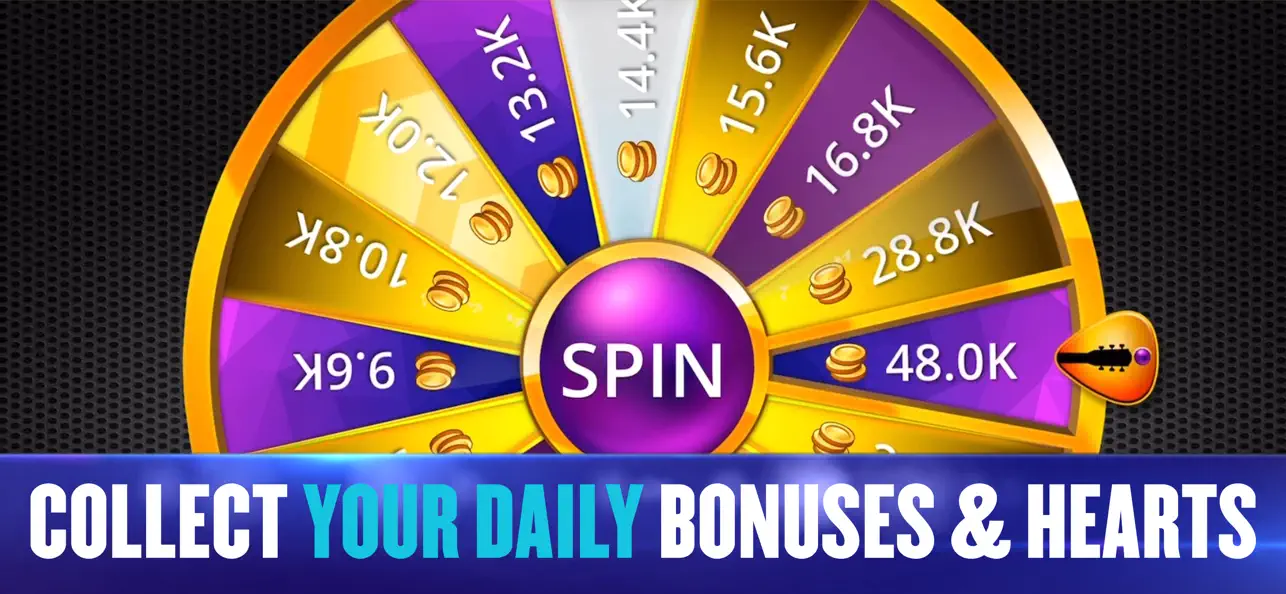 Hard rock jackpot casino app screenshot showing a spin wheel with various coin bonuses