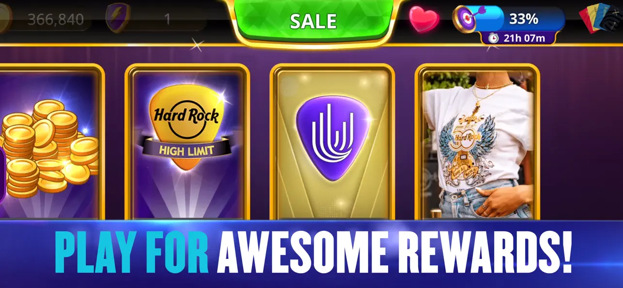 Hard rock jackpot casino app screenshot showing in-game rewards including gold coins, high limit badge, and merchandise