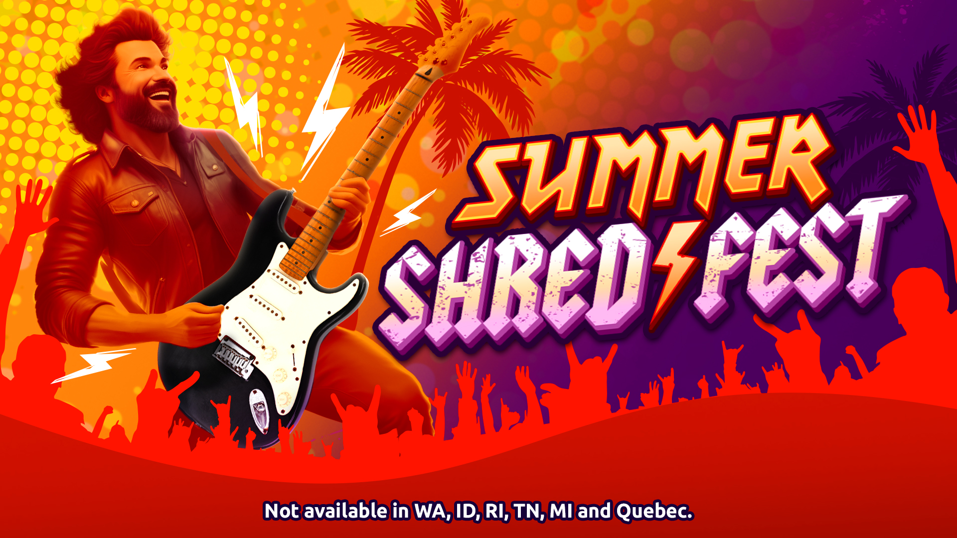 Summer Shred Fest promotional banner for Hard Rock Games featuring a guitarist with a crowd and palm trees