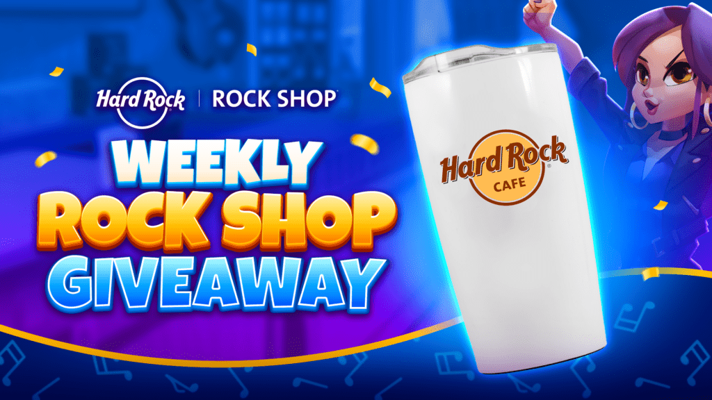 Hard Rock Rock Shop Weekly Giveaway promotional banner featuring a Hard Rock Cafe tumbler and animated character