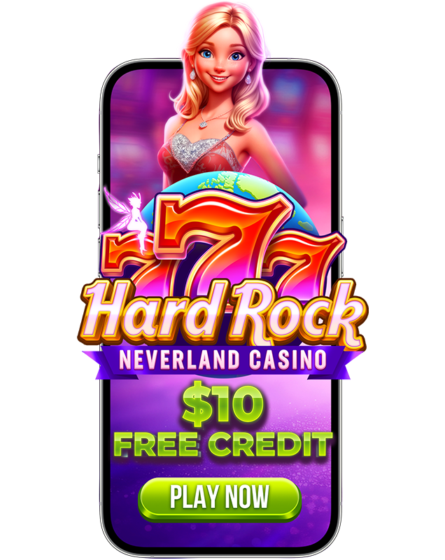 Hard Rock Neverland Casino $10 free credit promotion on a mobile screen