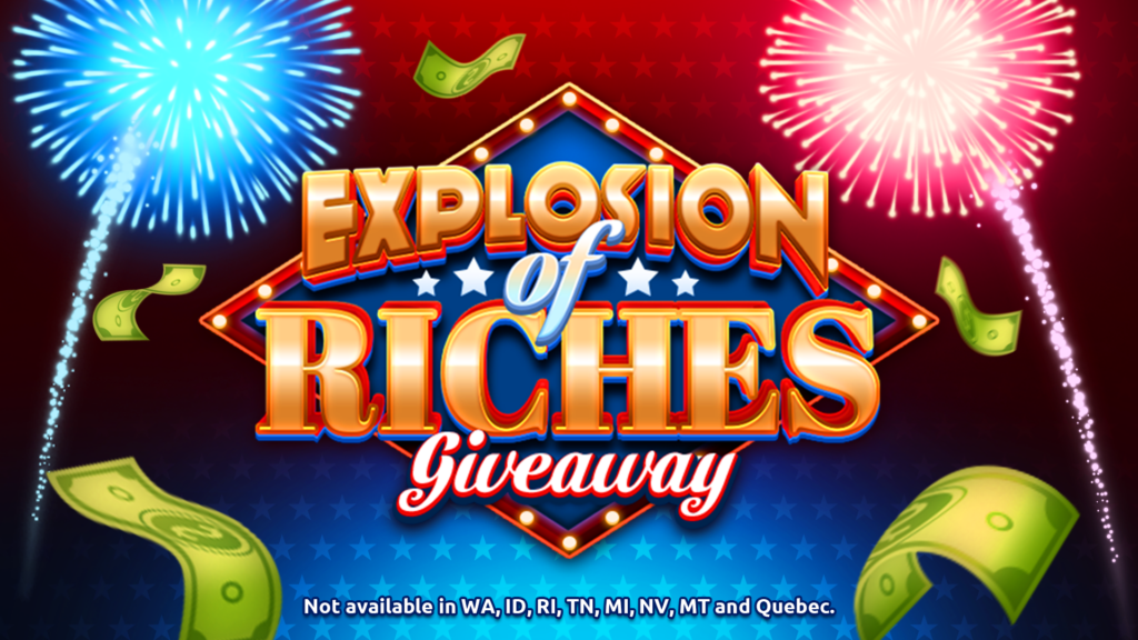 Explosion of Riches Giveaway by Hard Rock Games with fireworks and money
