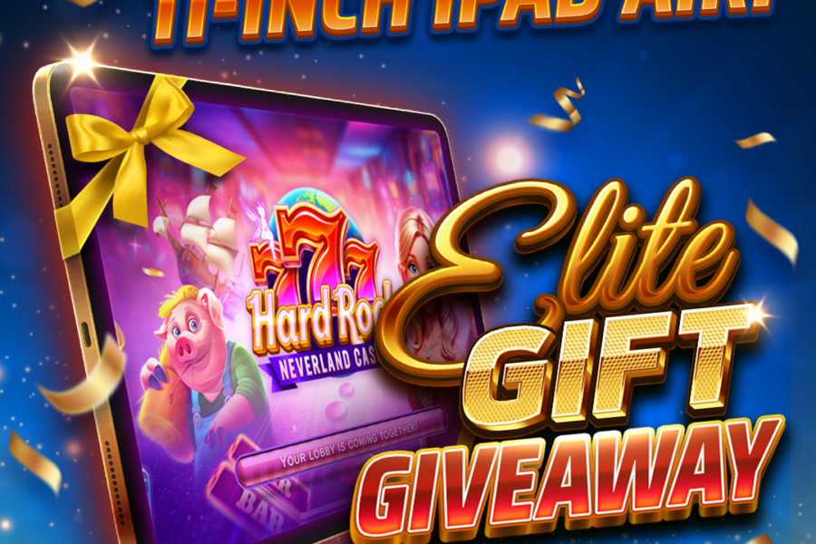 Elite gift giveaway featuring a golden ipad air with a yellow bow, showcasing hard rock neverland casino graphics on a sparkling blue background.