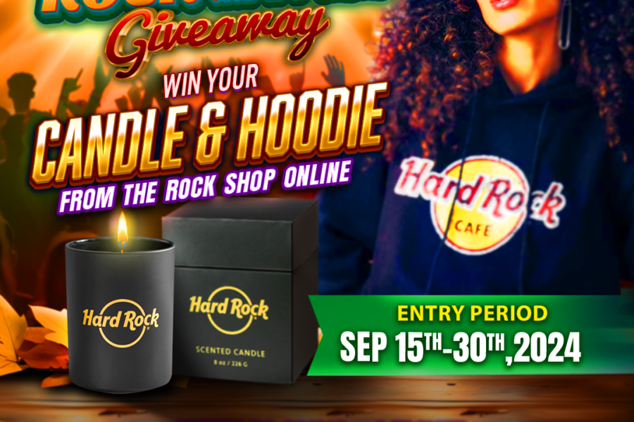 Hard rock café 'rock the fall giveaway' promotional banner featuring a candle, hoodie, autumn leaves, and the entry period from sep 15th to 30th, 2024.