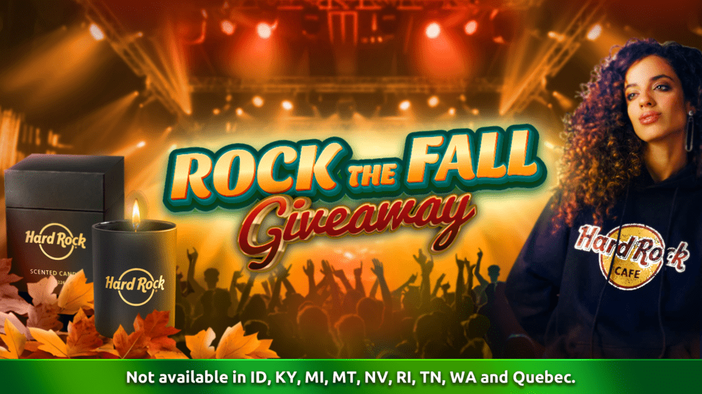 Rock the Fall Giveaway banner showcasing a Hard Rock Café candle, autumn leaves, and a model wearing a Hard Rock hoodie, set against a glowing concert background.