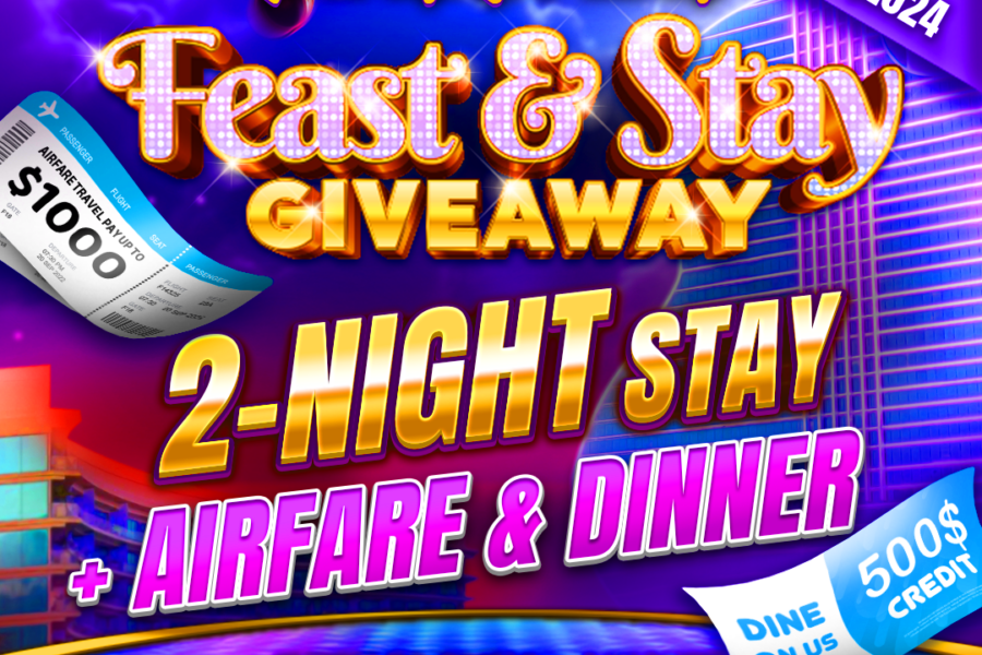 Feast & stay giveaway promotional banner highlighting a 2-night stay, airfare travel credits, $500 dinner credit, and entry dates for september 2024.