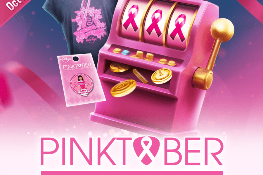 Pinktober spins 4 a cure promotional image featuring a pink slot machine with breast cancer awareness ribbons, a 'stronger together' t-shirt, and a pinktober pin. The banner reads 'earn entries: oct 1-31, 2024. '