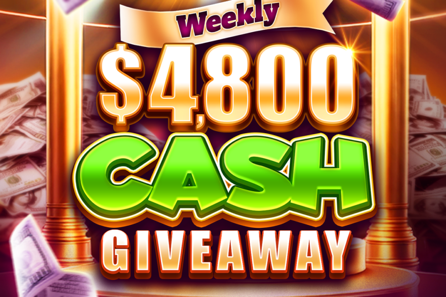Weekly $4800 cash giveaway graphic with golden pillars, glowing highlights, and scattered dollar bills.