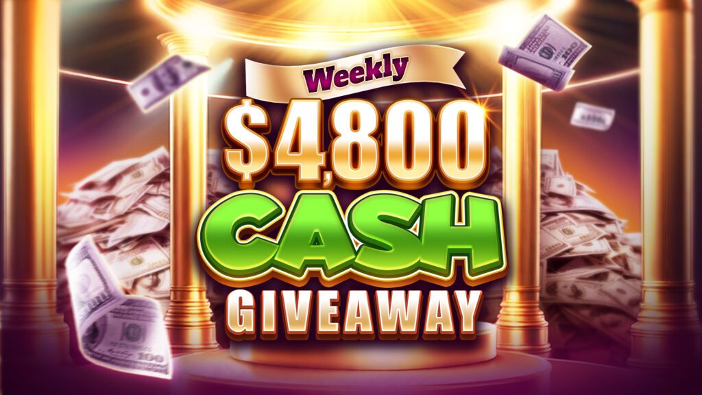 Hard Rock Games Weekly $4,800 Cash Giveaway banner with dollar bills flying and glowing golden pillars.