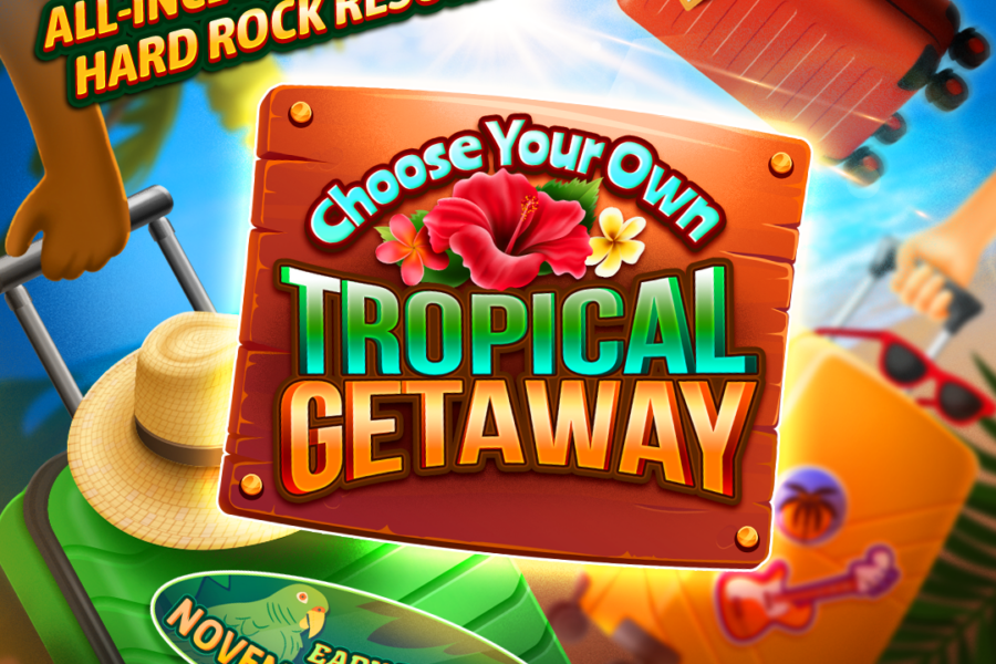 Hard rock casino promotional image for a tropical getaway sweepstakes featuring a 4-night all-inclusive stay at a hard rock resort with colorful lug