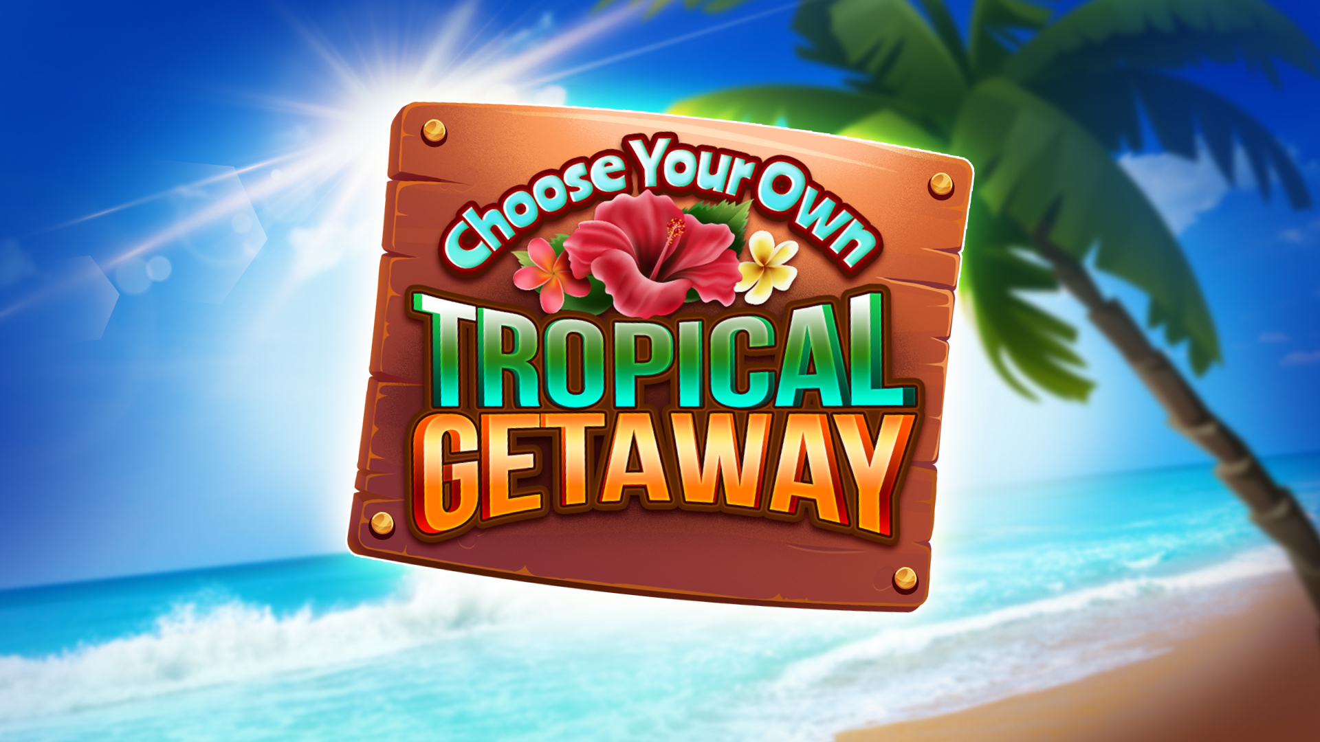 Hard Rock Casino Games promotional banner featuring a tropical getaway theme with a wooden sign, hibiscus flowers, and a beach background.