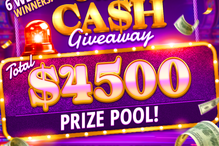 Bright and vibrant promotional banner for hard rock games daily cash giveaway with a $4,500 prize pool, featuring a glowing siren, cash graphics, and text highlighting rules and eligibility.