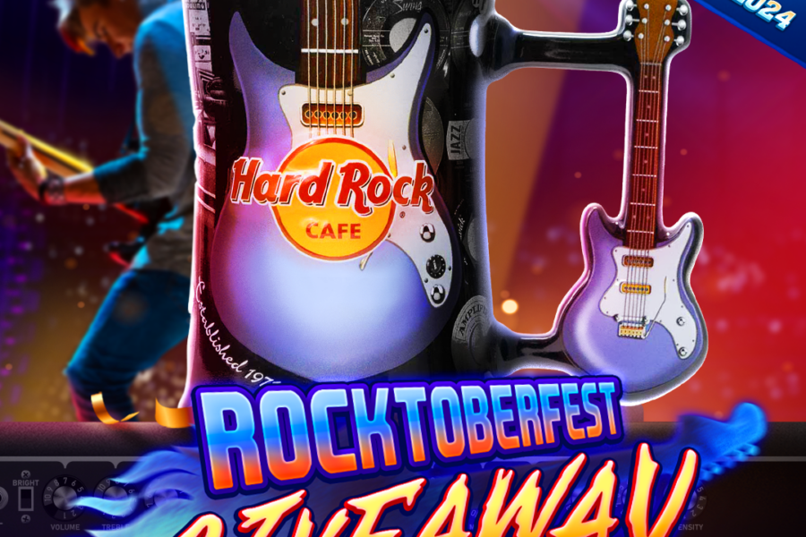 Rocktoberfest giveaway promotion featuring a hard rock cafe guitar-themed mug and a live concert background.