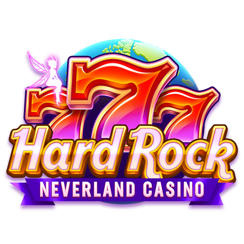 Hard Rock Neverland Casino logo featuring glowing red 777 slot icons with a fairy silhouette on a colorful globe backdrop.
