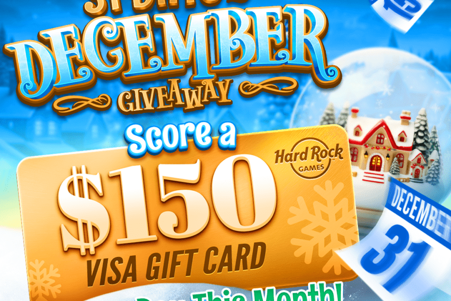 Hard rock slots promotion featuring the '31 days of december giveaway' with a $150 visa gift card, festive snow globe, and flying december calendar dates.