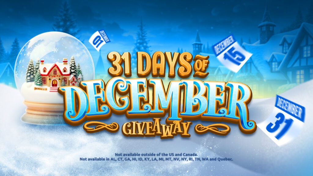 31 Days of December Giveaway promotional banner featuring a snowy village scene, a festive snow globe with a decorated house, and flying calendar dates.