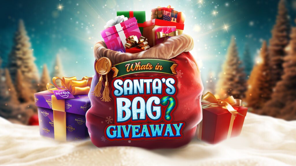 Santa’s Bag Giveaway banner with a red sack full of colorful presents, surrounded by Hard Rock gift boxes in a snowy winter landscape.