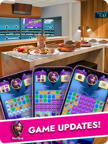 Hard Rock Game updates with food and mobile game screens in a stadium suite.