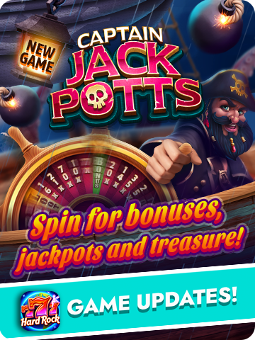 Promotional banner for Hard Rock's Captain Jack Potts game update featuring a pirate theme, roulette wheel, and treasure rewards.