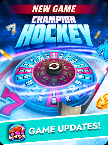 Hard Rock slots game update featuring the new Champion Hockey game with a spinning wheel, hockey puck, and vibrant casino design.