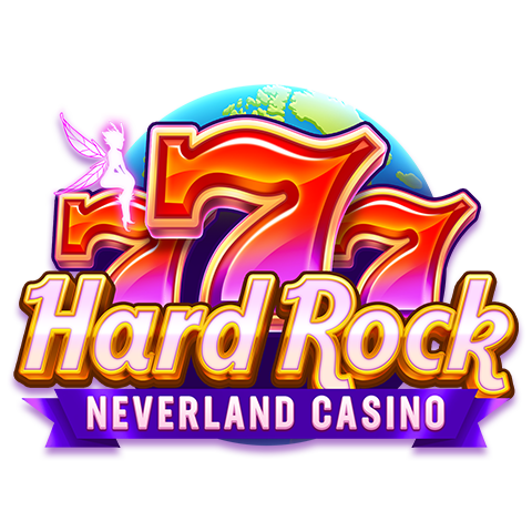 Angelo P. 10 Hard rock neverland casino logo featuring glowing red 777 slot icons with a fairy silhouette on a colorful globe backdrop.