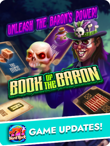 Book of the Baron game update with a mysterious figure holding a glowing skull and tarot cards under an eerie forest backdrop.