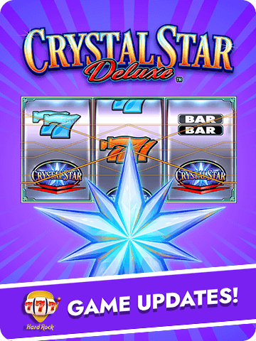Hard Rock Blackjack Casino game update featuring Crystal Star Deluxe slot with shining star symbols, classic BARs, and 7s on vibrant purple reels.