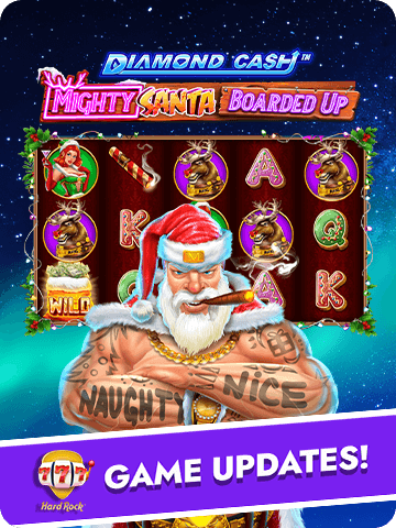 Hard Rock Blackjack Casino game update featuring Mighty Santa: Boarded Up slot with a tough Santa, slot symbols, and festive decorations.