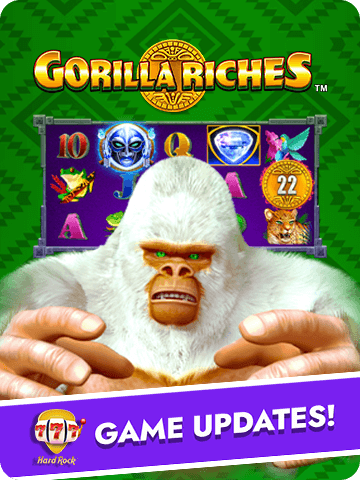 White gorilla with vibrant slot game symbols in Gorilla Riches game update graphic.
