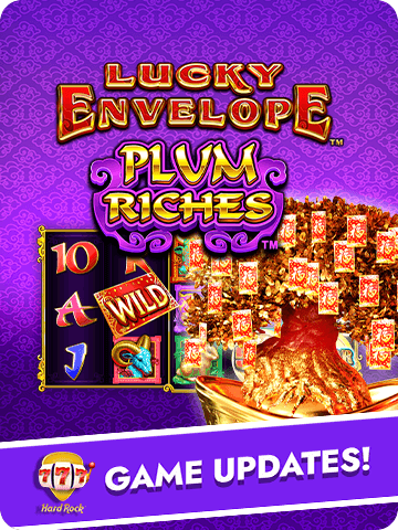 Hard Rock Blackjack Casino game update featuring Lucky Envelope Plum Riches slot with a golden tree, red envelopes, and wild symbols on vibrant reels.