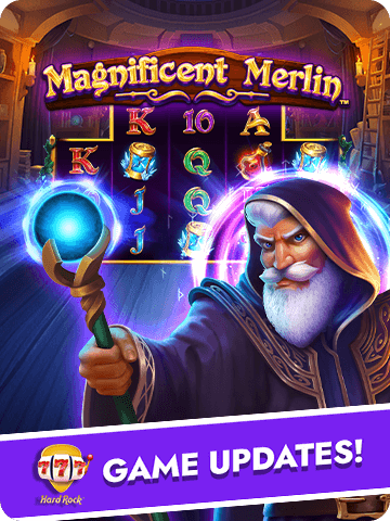 Magnificent Merlin slot game featuring a wizard holding a glowing staff with vibrant symbols in the background.