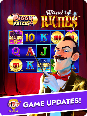 Piggy Prizes and Wand of Riches slot games featuring a magician holding a wand on a vibrant background.