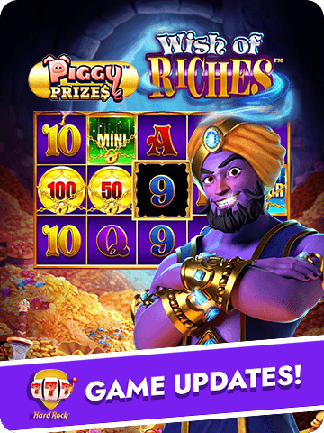 Hard Rock Games Piggy Prizes Wish of Riches slot game update featuring a genie character, new reels, and prize symbols.