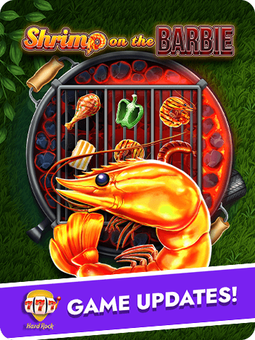 Shrimp on the Barbie slot game with grilled seafood and vegetables on a barbecue.