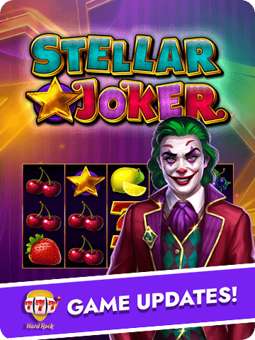 Hard Rock Blackjack Casino game update featuring Stellar Joker slot with a colorful joker, vibrant fruit symbols, stars, and classic slot visuals.