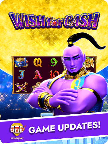 "Hard Rock Blackjack Casino Wish for Cash game update featuring a purple genie, slot symbols, and a golden backdrop."