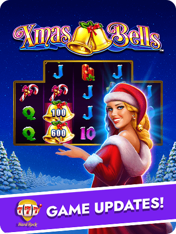 Hard Rock Blackjack Casino game update featuring Xmas Bells slot, a festive Santa helper, bell symbols, and holiday-themed slot icons.