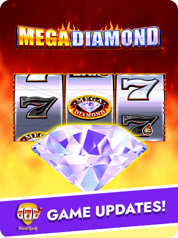 Hard Rock Blackjack Casino game update featuring Mega Diamond slot with fiery reels, shimmering diamond symbols, and classic 7s.