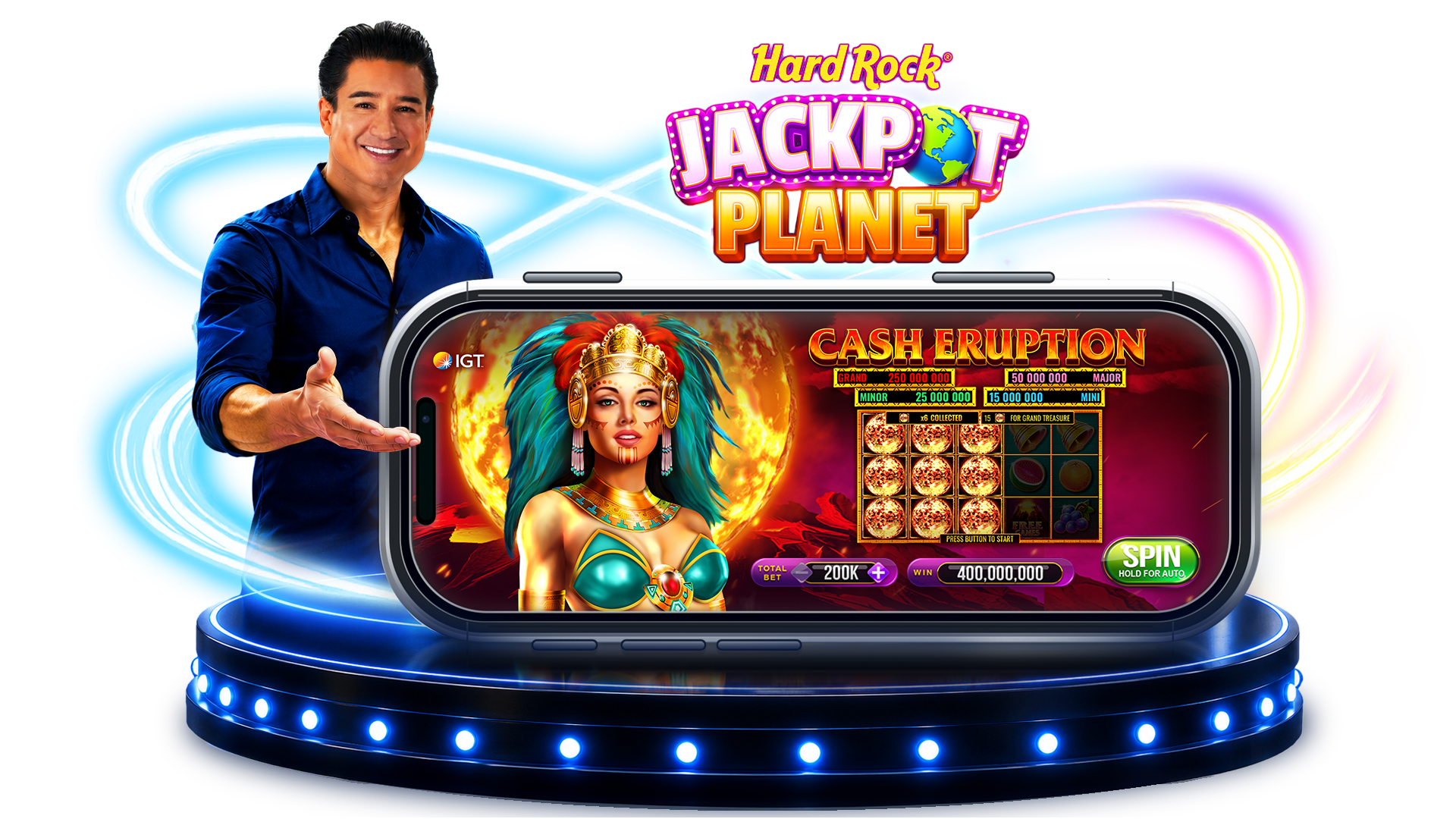 Hard Rock Jackpot Planet mobile app with Mario Lopez and Cash Eruption gameplay