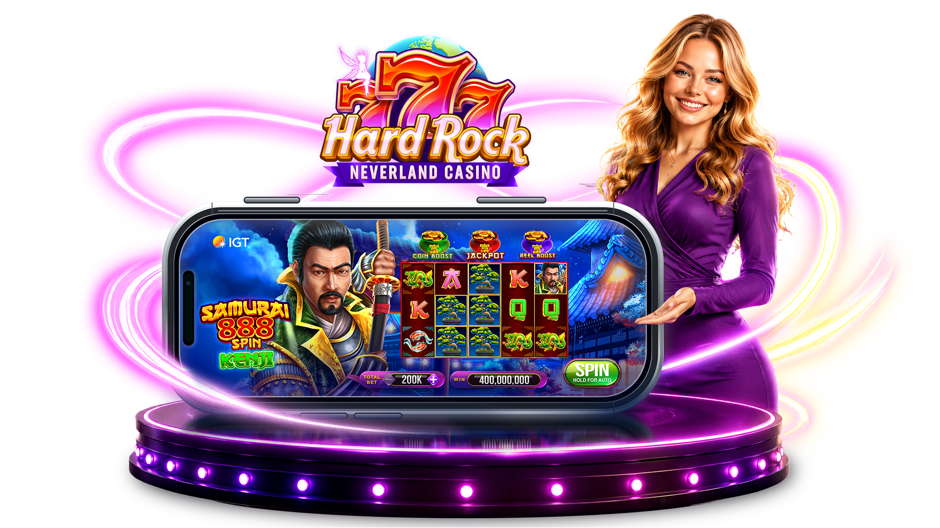 Hard Rock Neverland Casino mobile app with Samurai 888 Spin Kenji gameplay
